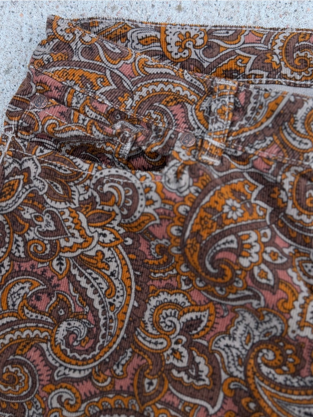 prAna Trinity Paisley Corduroy Pants Low Rise Skinny Trousers 8 Brown Boho EUC - Picture 8 of 12